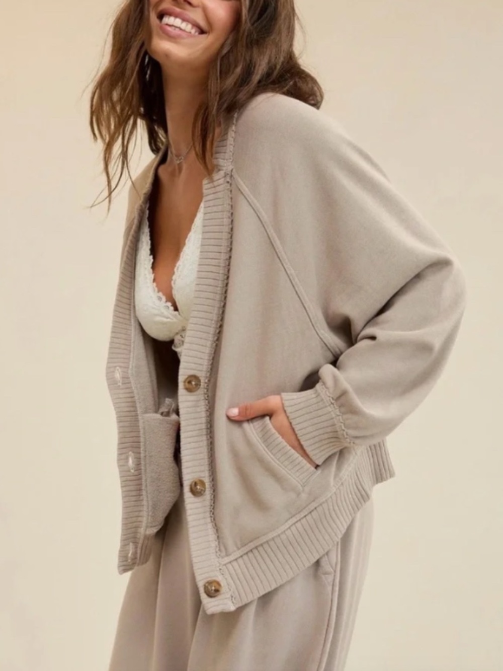 Aerie - Fleece Wide Neck 3-Button Front Cardigan Ribbed Cuff Stone Beige - XL